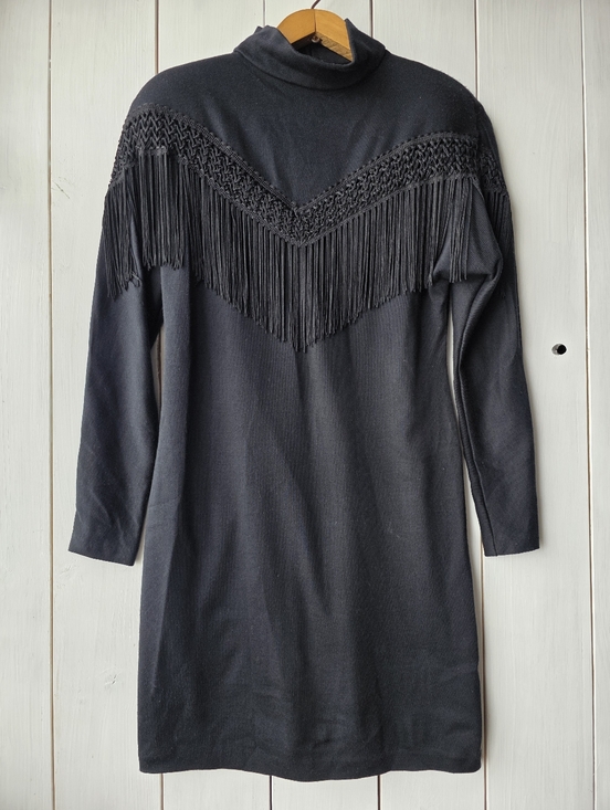 UXL Dresses & Skirts - UXL Vintage 80s Black Long Sleeve Fringe Turtleneck Pencil Dress Size 11/12